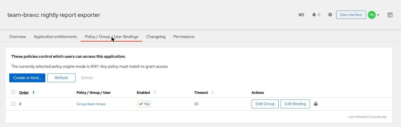 Authentik application team-bravo nightly report exporter, Policy Group User Bindings tab, policy engine mode ANY, a single binding: order 0, Group team-bravo, enabled, timeout 30