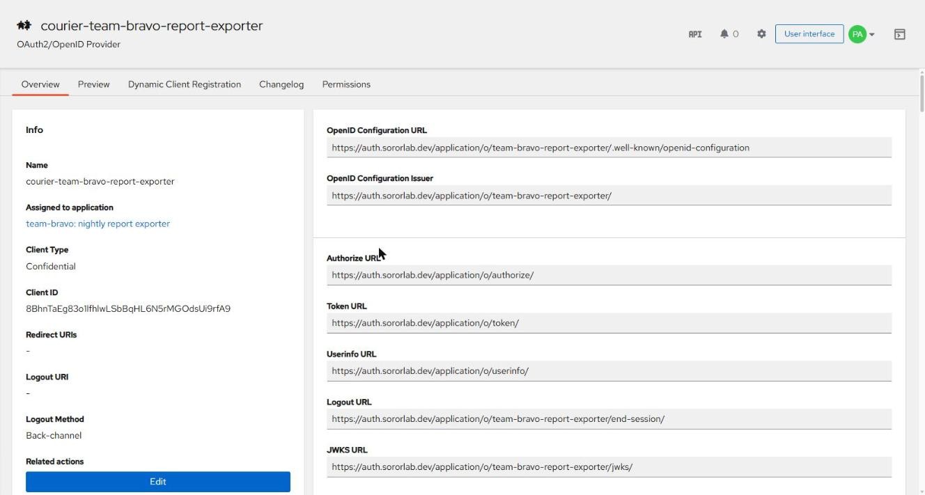 Authentik admin page for OAuth2/OpenID provider courier-team-bravo-report-exporter: assigned to application team-bravo nightly report exporter, client type Confidential, the client ID, no redirect URIs, and the issuer, authorize, token, userinfo and JWKS URLs