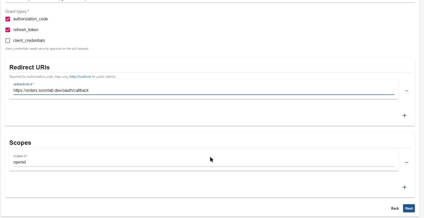Backstage form step 2, Client: grant types authorization_code and refresh_token checked, client_credentials unchecked with a note that it needs security approval, a redirect URI and the openid scope