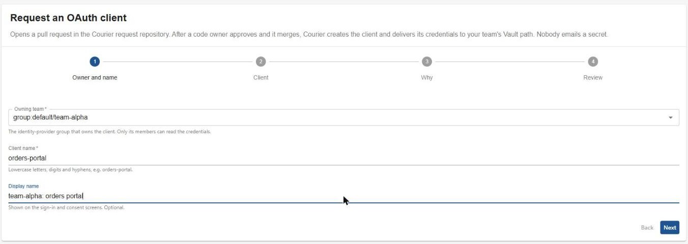 Backstage form step 1, Owner and name: owning team group:default/team-alpha, client name orders-portal, display name team-alpha orders portal