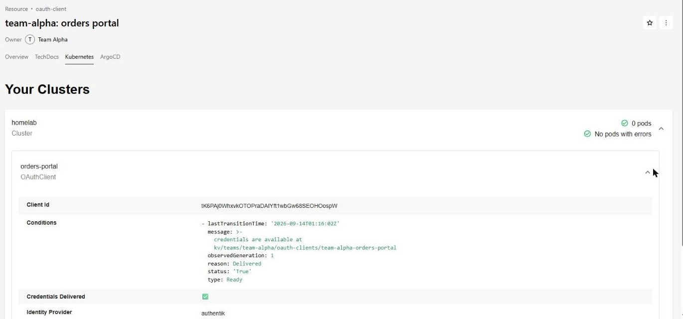 Backstage Kubernetes tab for team-alpha orders portal: OAuthClient orders-portal with its client ID, a Ready condition with reason Delivered and the credentials path, Credentials Delivered checked, identity provider authentik