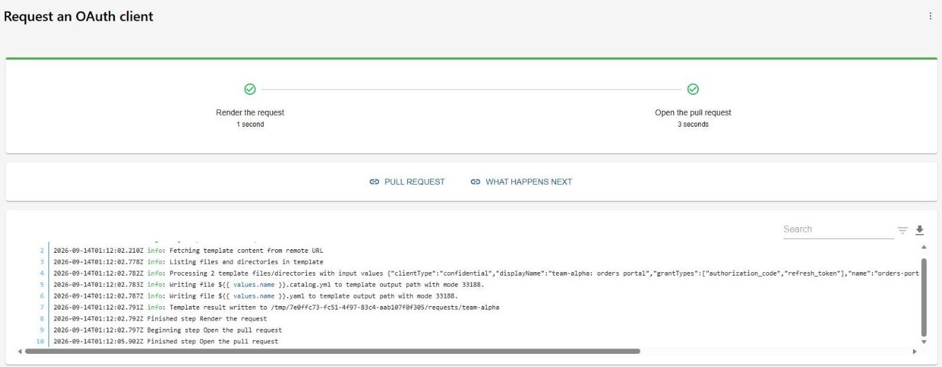 Backstage scaffolder task for Request an OAuth client: Render the request completed in 1 second, Open the pull request completed in 3 seconds, with Pull request and What happens next links and the task log