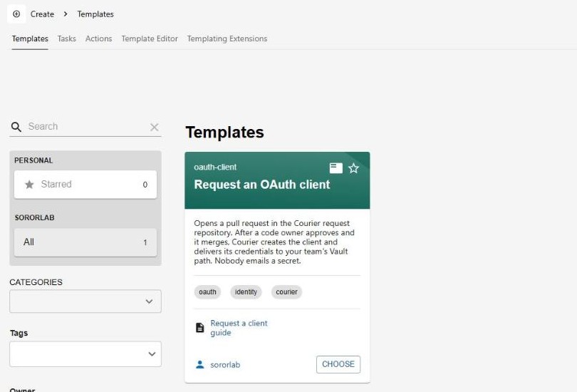 Backstage Create page listing the Request an OAuth client template with its description and tags oauth, identity and courier