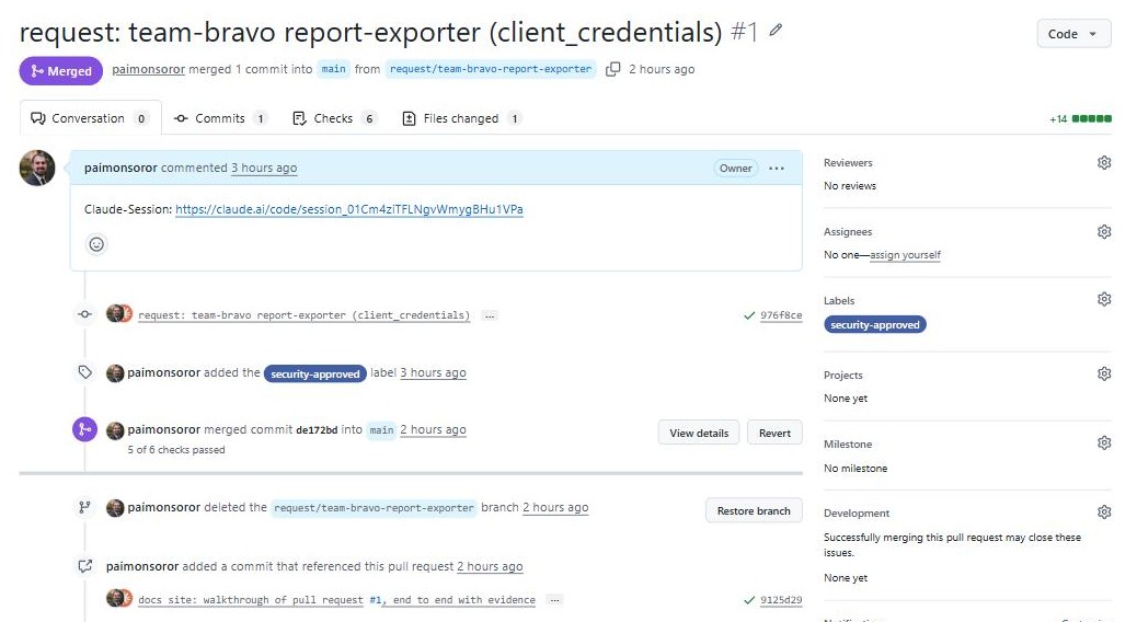 Pull request #1 conversation: merged, one commit, the security-approved label added, the merge commit de172bd, the branch deleted, and no reviews in the sidebar