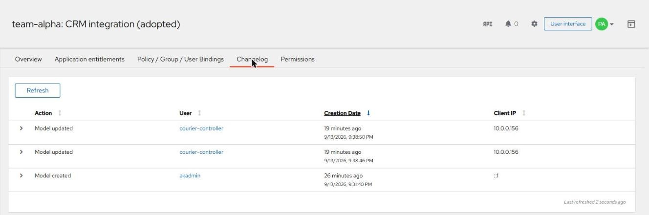 Authentik changelog for the adopted application: Model created by akadmin at 9:31:40 PM, then Model updated by courier-controller at 9:38:46 PM and 9:38:50 PM, nothing after