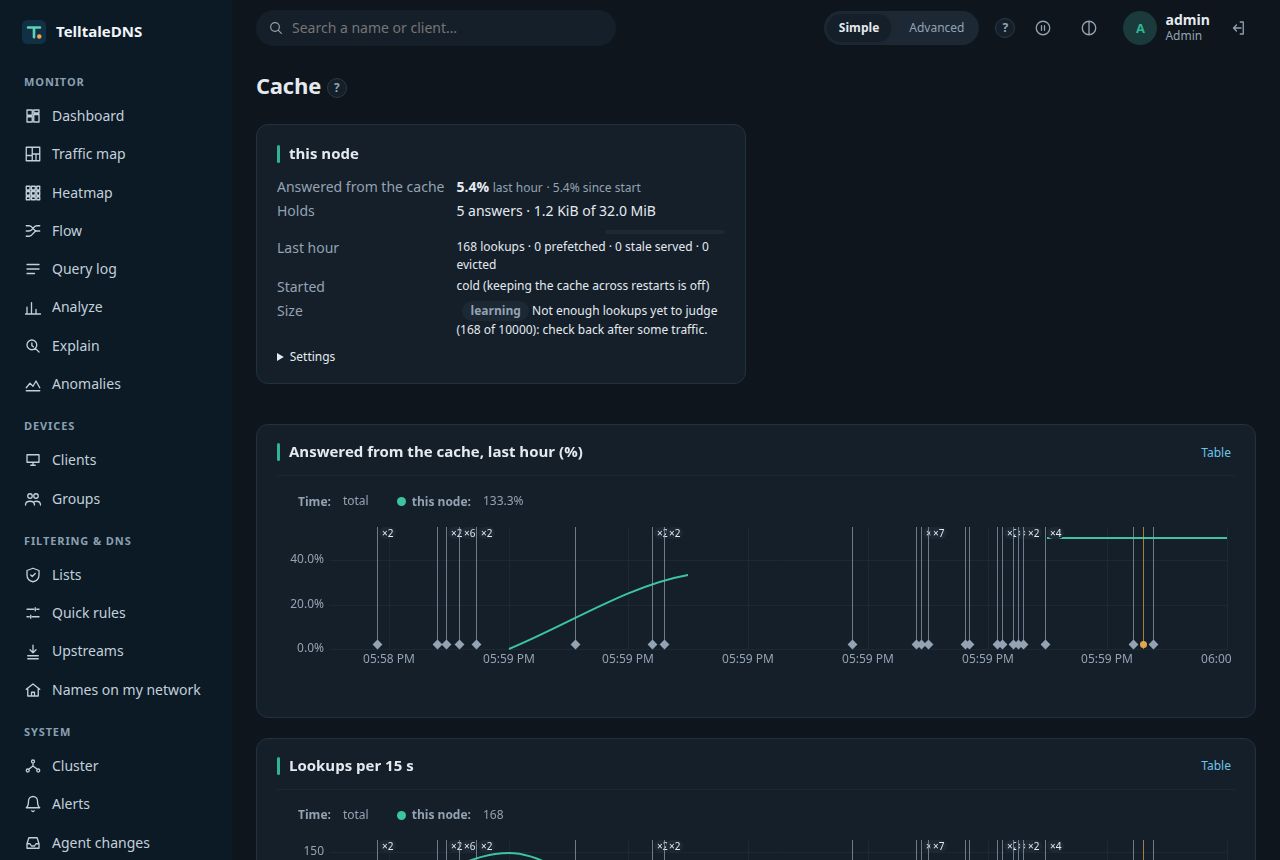Cache page: hit rate, what the cache holds, settings, and the top entries, in the dark theme