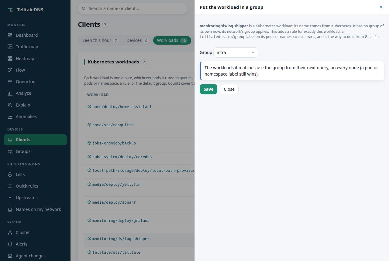 Add to group on a workload: the group chosen, and the preview of the rule before it's saved