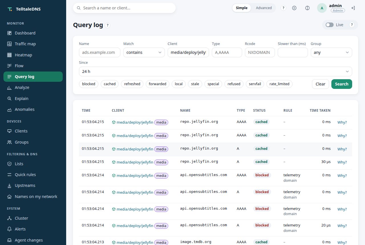 The query log filtered to media/deploy/jellyfin: rows from both of its pods' addresses, each named by the workload with a small cube, and a blocked subtitle lookup