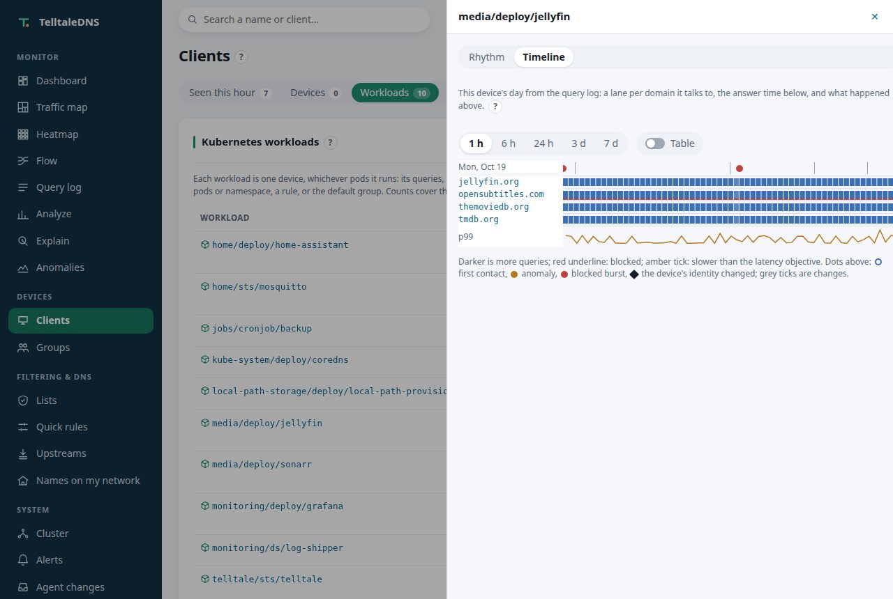 The device timeline of media/deploy/jellyfin: a lane per domain it talks to, with blocked bursts marked above