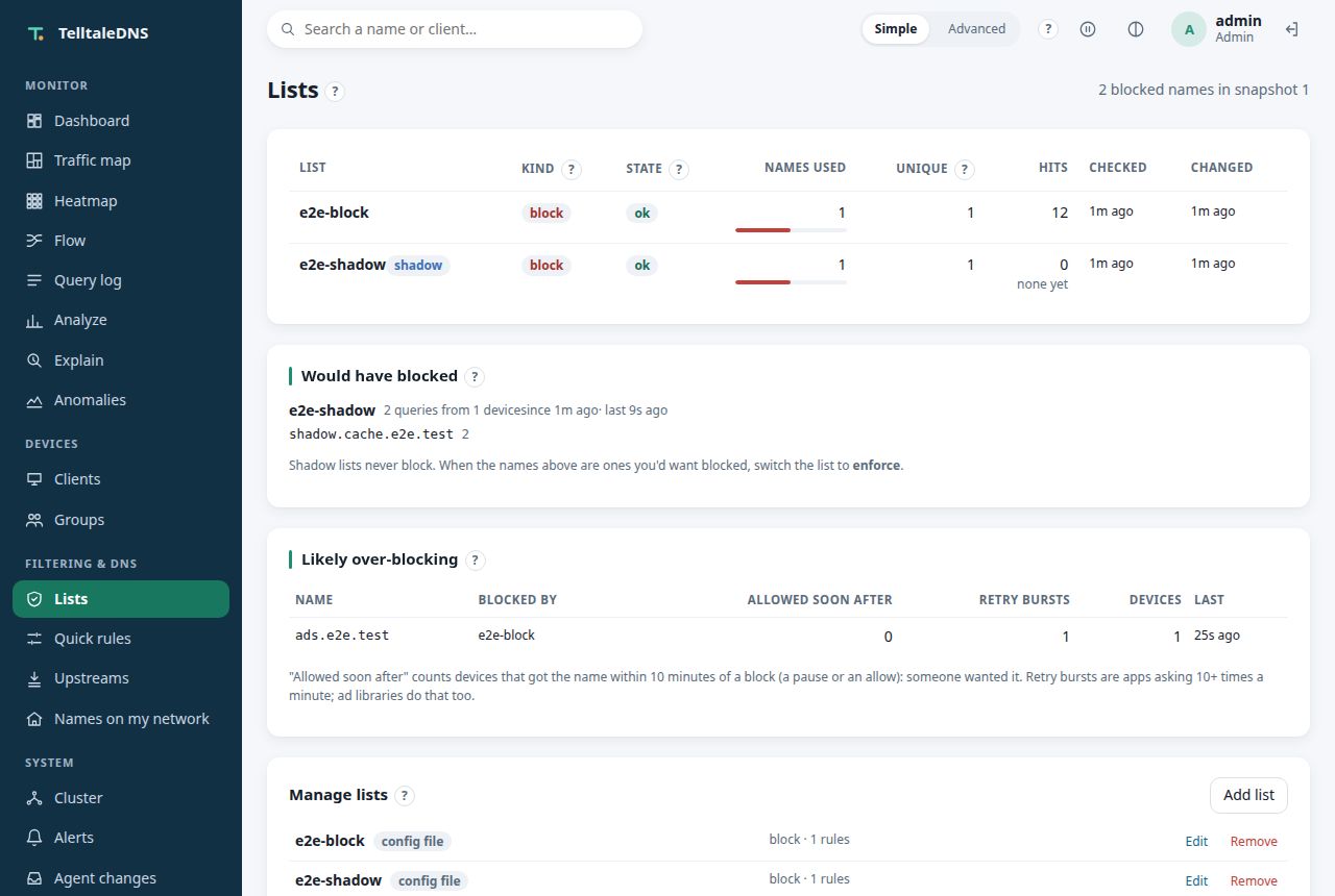 Blocklists with sizes and refresh status