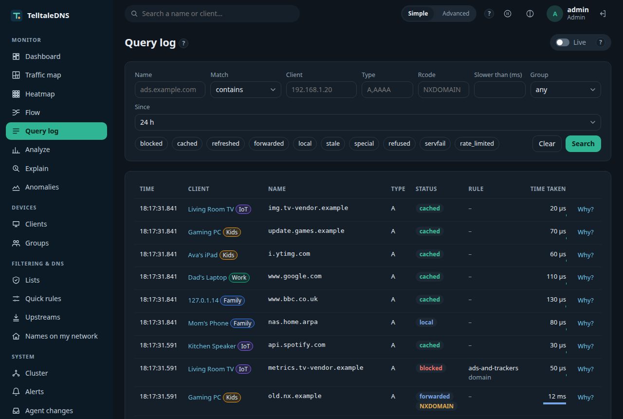 Query log with filters, in the dark theme