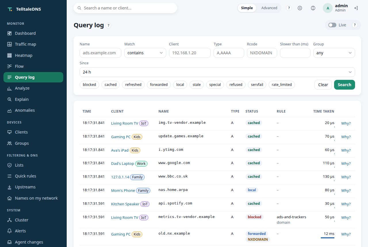 Query log with filters