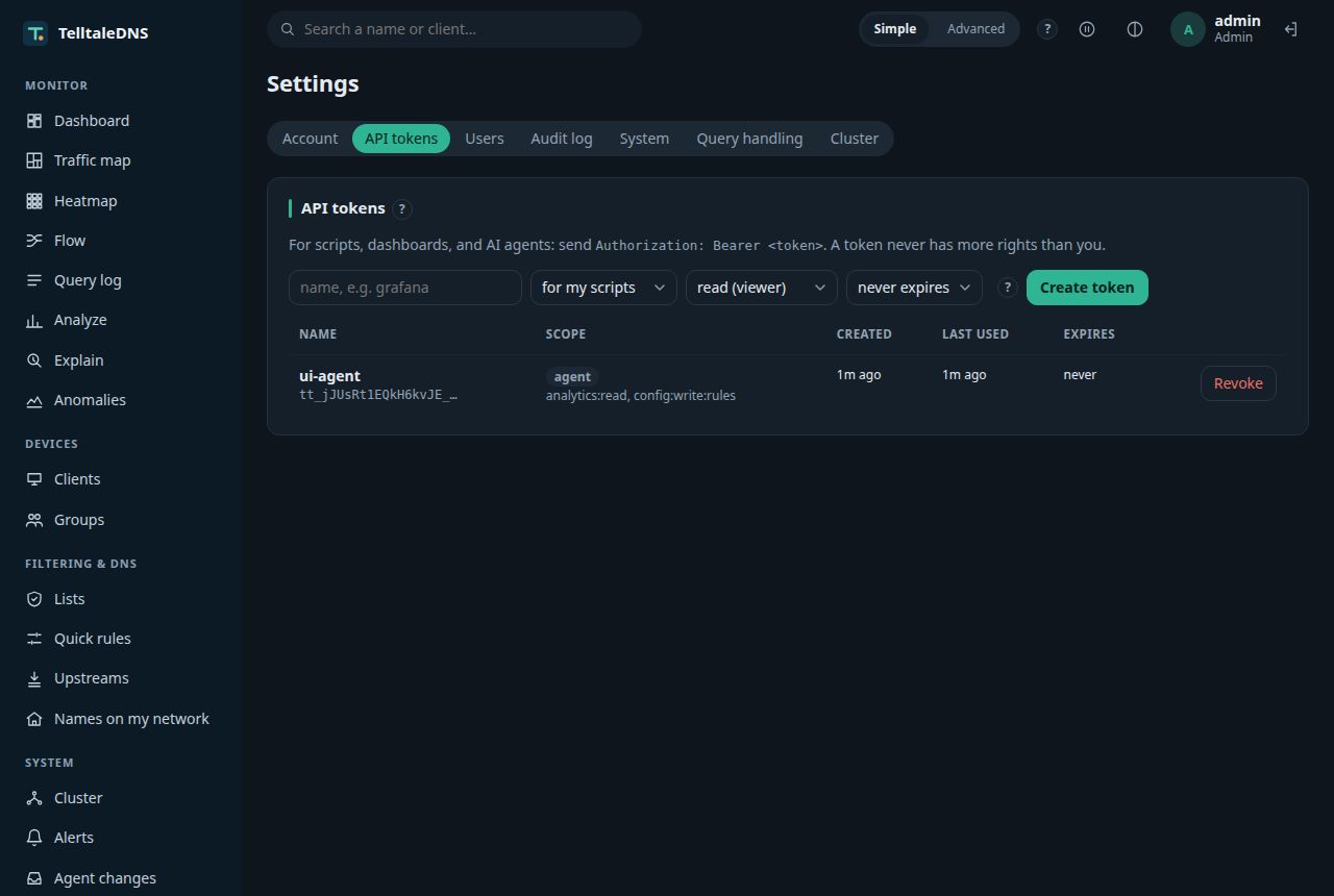 Settings: API tokens for scripts and AI agents, in the dark theme